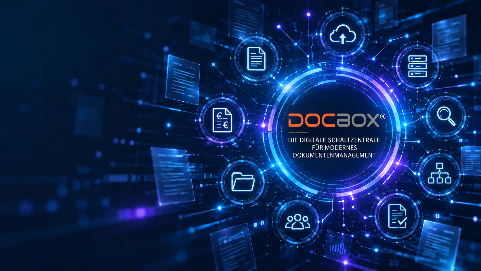 Illustration vernetzter Dokumentenprozesse mit dem DOCBOX®-Logo