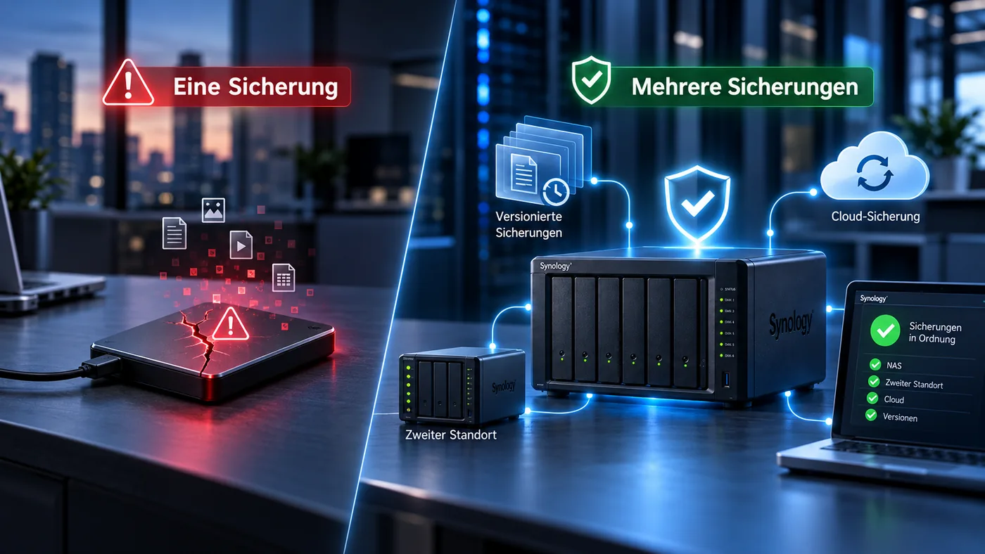 Vergleich zwischen einer einzelnen gefährdeten Datensicherung und mehreren unabhängigen Backups mit Versionierung, zweitem Standort und Cloud