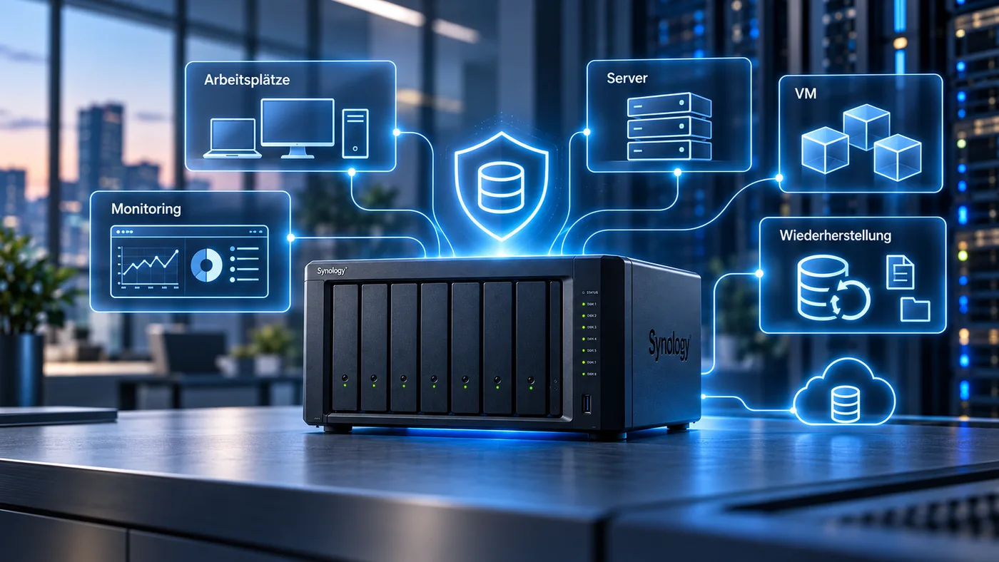 Synology NAS mit zentraler Datensicherung für Arbeitsplätze, Server, virtuelle Maschinen, Monitoring und Wiederherstellung